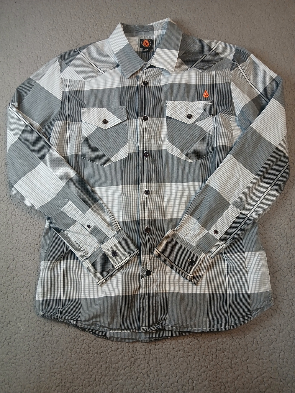 Volcom Mens Shirt Size S Long Sleeve Button-Up Collar Black White Orange